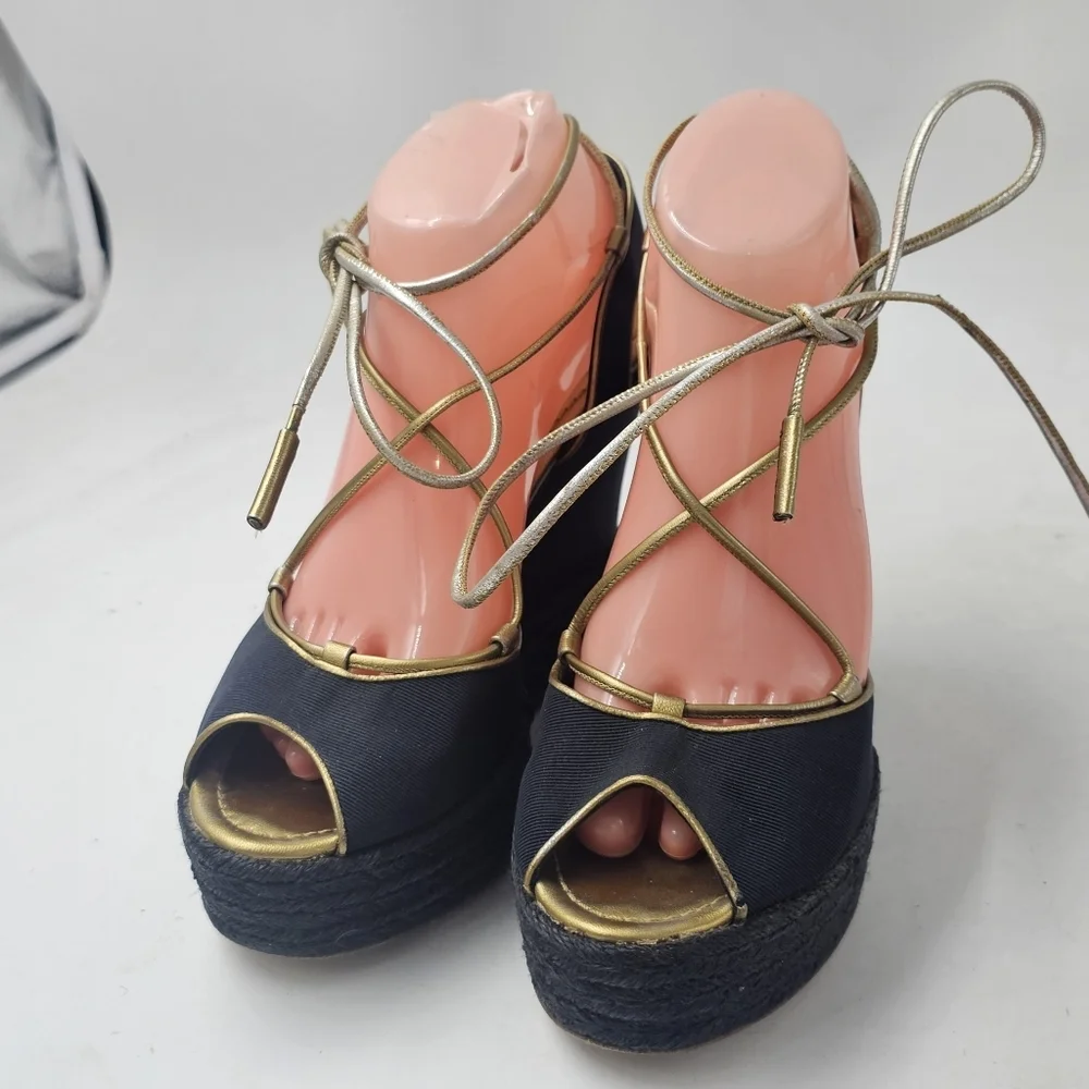 Ralph Lauren Collection Navy Gold Canvas Espadrille Wedge Lace Up